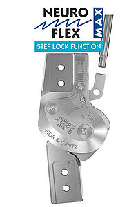 joint orthotic joint system joint for the production of an unilateral orthosis to control stabilisation of the knee joint locked with Swiss lock like lock ring unlocking via lock lever or pulling cable monocentric with posterior offset with step lock pawl for heavy heavyweight overweight patients with paralysis high load capacity