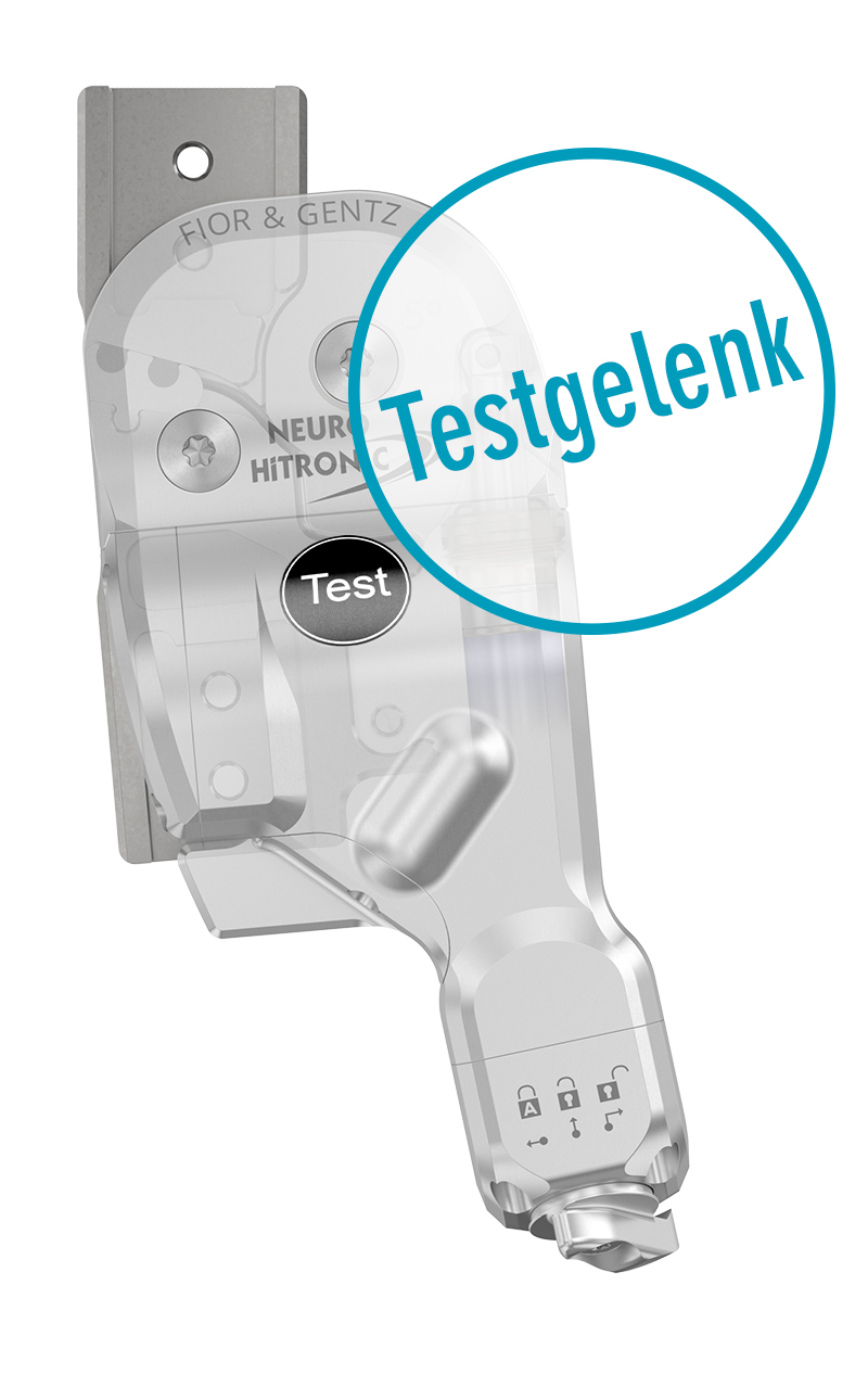 SCO Standphasensicherung kontrolliertes automatisches elektronisches hydraulisches elektrohydraulisches Orthesengelenk Testgelenk Mietgelenk Testprodukt zum Bau einer Orthese KAFO Testversorgung mit automatischem frei beweglichem Kniegelenk in der Schwungphase und gesperrtem Kniegelenk in der Standphase mit Rückverlagerung zur Stabilisierung des Knies bei mittlerer bis kompletter Lähmung oder Schwäche der kniestabilisierenden Muskulatur